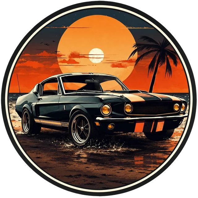 Black Cherry Autoworks vintage garage badge with a classic muscle car at sunset